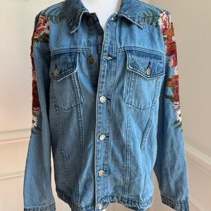 Boohooman Blue Floral Embroidered Jean Jacket, Size S